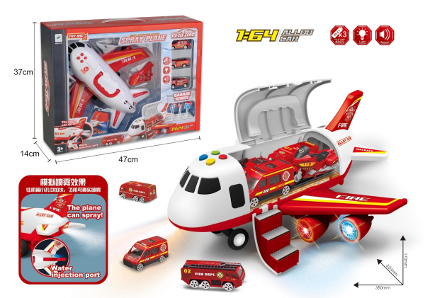 Fire Rescue Transport Plane Toy Set with 3 Toy Cars, Lights and Sound Effects, Water Spray Feature