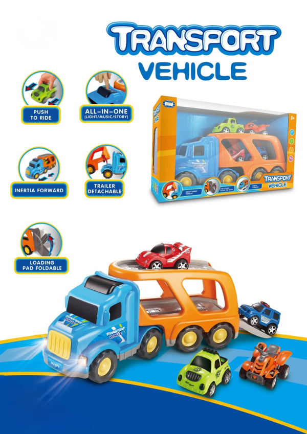 Transport Vehicle Toy Set, Car Carrier Truck with 4 Cars, Light Music Story Features, Detachable Trailer, Push-to-Ride, Ages 2+ (Ref:6525858104174)