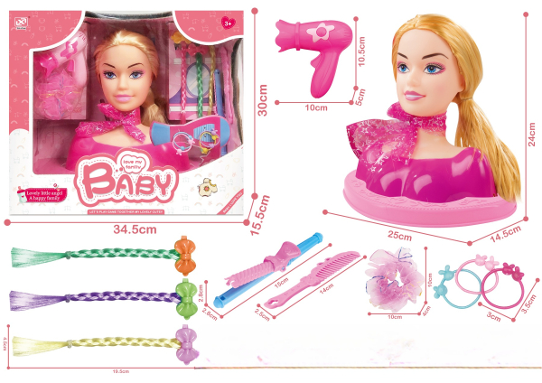 Girls Styling Head Doll Set with Hair Dryer, Braiding Extensions, Comb and Hair Accessories, Pink (Ref:6525858103542)