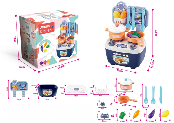 Dream Kitchen Play Set for Children, 18-Piece Mini Kitchen Toy with Utensils and Vegetables, Blue and Orange (Ref: 6525858103474)