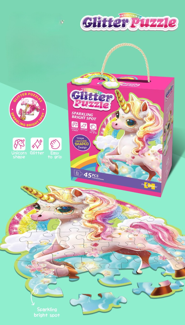 Unicorn Glitter Puzzle, 45 Pieces, Rainbow Design with Sparkling Effect, Ages 3+(Ref:6525858104556)