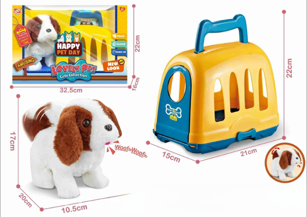 Happy Pet Day Plush Puppy Dog with Carrier Set, Interactive Toy with Woof Sound, Brown and White (Ref: 6525858103528)