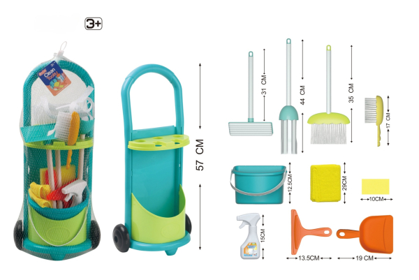 Kids Cleaning Set with Trolley, 11 Pieces, Educational Play Housekeeping Tools, Turquoise and Lime Green (Ref: 6525858104143)