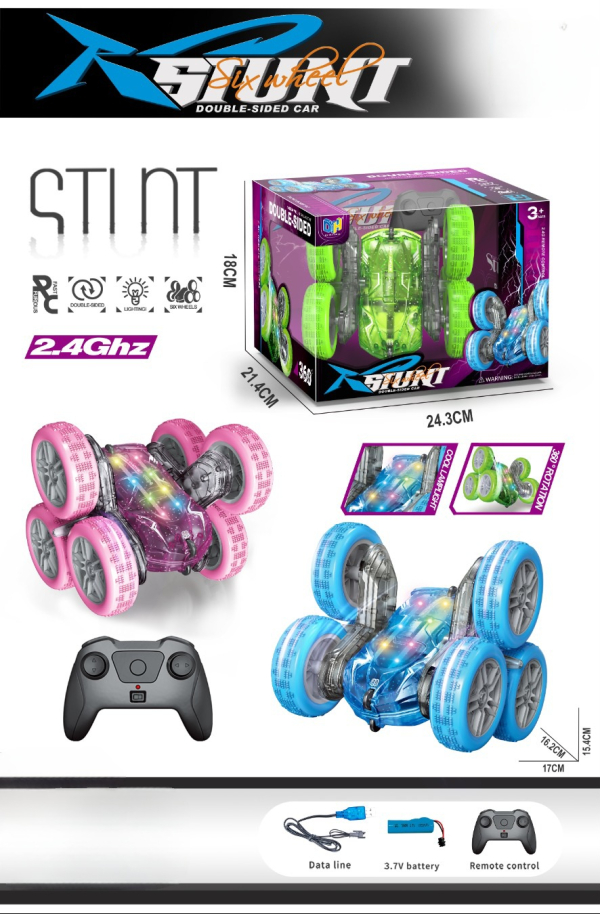 R-Stunt 2.4GHz Remote Control Car, 6-Wheel Double-Sided Stunt Vehicle with LED Lights, RC Toy for Ages 3+ (Ref: 6525858104433)