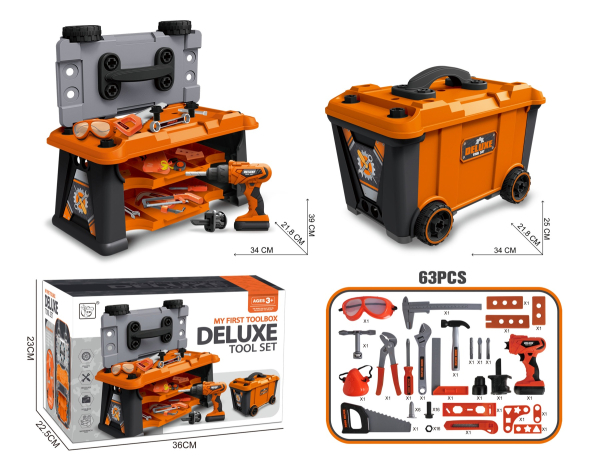 Kids Deluxe Tool Set with Workbench, 63 Pieces, Rolling Storage Box, Ages 3+, Orange and Black (Ref: 6525858104181)