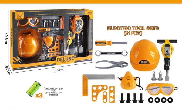 Deluxe Kids Tool Set, 21 Pieces with Hard Hat, Safety Goggles, Electric Drill, Construction Toys, Orange (Ref:6525858104198)