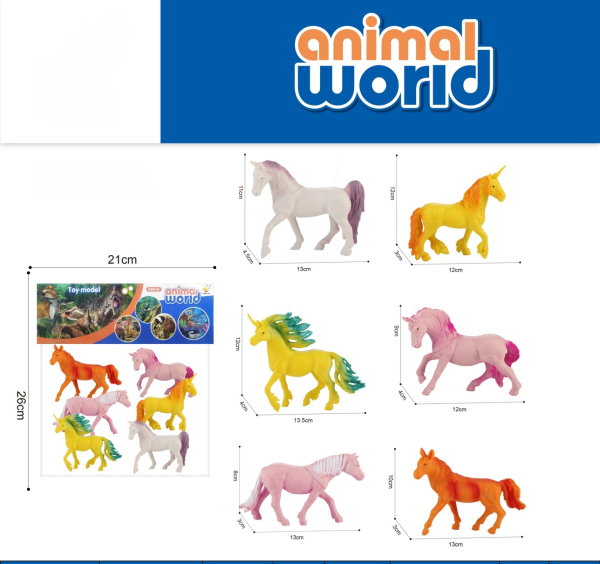 Animal World Unicorn and Horse Toy Figures Set, 6 Pieces, Colourful Plastic Figurines (Ref: 6525858104327)