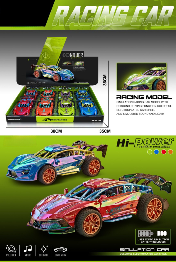 Hi-Power Racing Car Model, Pull Back Toy with Sound and Lights, Electroplated Shell, 4 Colours Available Pack of 2 (Ref: 6525858104075)