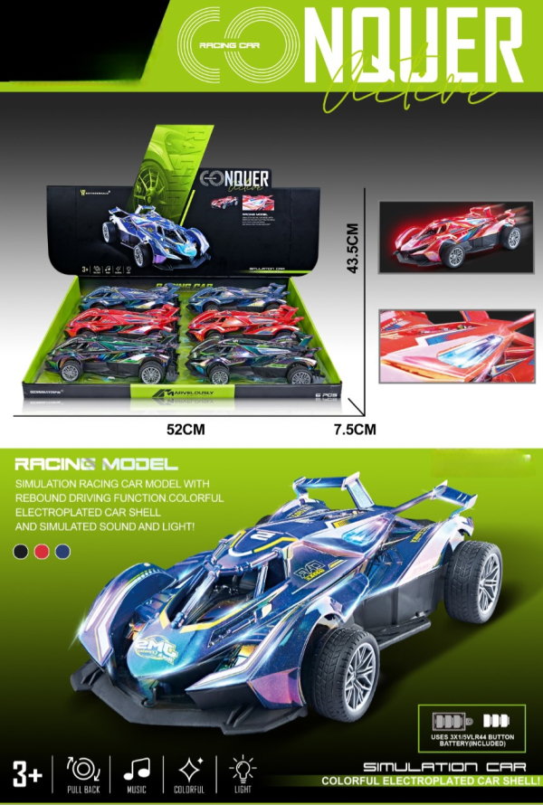 Racing Car Model with Lights and Sound, Pull Back Function, Electroplated Shell, 3+ Years Pack of 3 (Ref: 6525858104105)