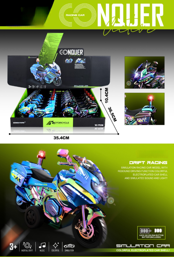 Conquer Police Motorcycle Toy with Lights and Sound, Drift Racing Simulation Model, 35.4 cm Display Box, Ages 3+ Pack of 2 (Ref: 6525858104082)