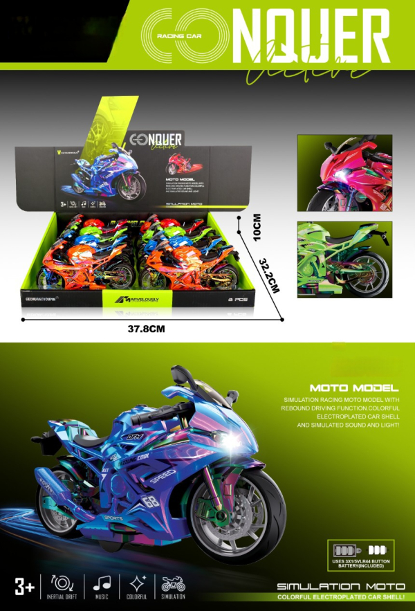 Conquer Racing Motorcycle Model Toy with Lights and Sound, 3+ Years, Simulation Moto with Rebound Function, Multi-colour Pack of 2 (Ref: 6525858104099)