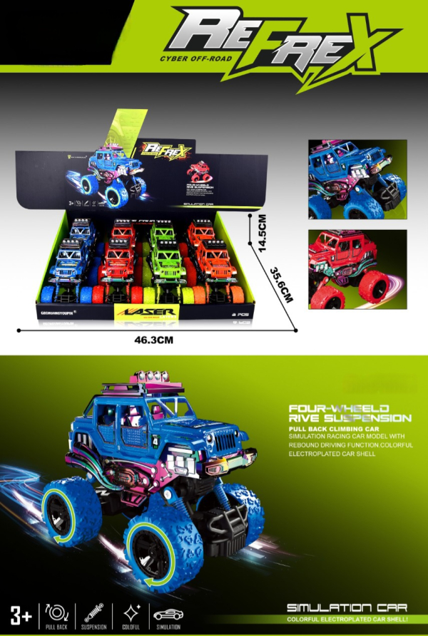 REFREX Monster Truck Pull Back Car, 4-Wheel Suspension, Colourful Electroplated Shell, Racing Simulation Model, 3+ Years Pack of 2 (Ref: 6525858104068)