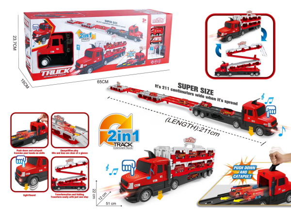 2-in-1 Car Carrier Truck Toy with Lights and Sound,  Extended Length, Push and Launch Function, Red
