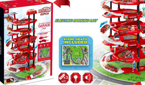 Electric Toy Parking Garage, 5-Level Car Tower with Light and Sound, 82 Pieces, Red