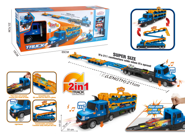 2-in-1 Car Carrier Truck Toy with Lights and Sound,  Extended Track, Push-Down Catapult, Ages 3+