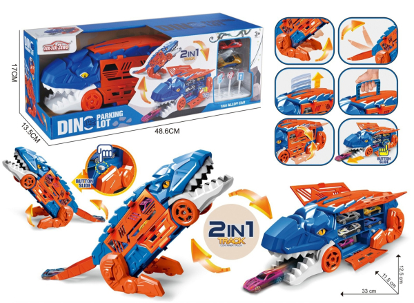 2-in-1 Dinosaur Car Track Set with Car Launcher, Transforming T-Rex Storage Case, Blue and Orange