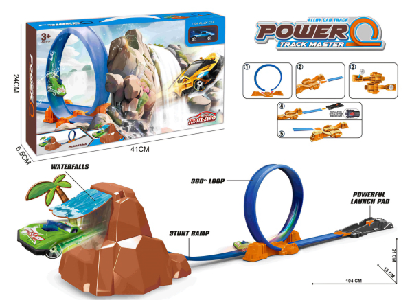 Power Q Track Master Car Racing Set with 360-Degree Loop, Waterfall, Stunt Ramp and Launch Pad, Ages 3+