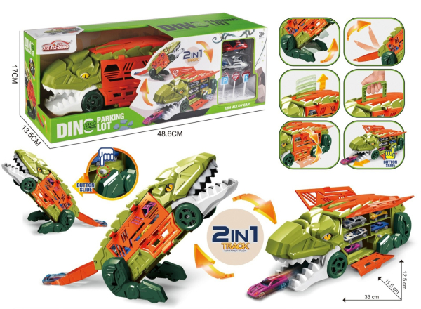 2-in-1 Dinosaur Car Track Set, Transforming T-Rex Car Carrier with 2 Toy Cars and Road Signs, Green and Orange (Ref: 6525858103580)