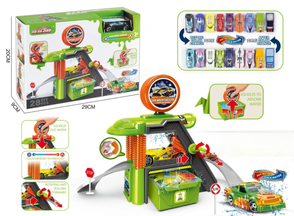 Colour Changing Car Wash Playset with 28 Pieces, Temperature Sensitive Toy Cars, Water Play Station with Rotating Brushes (Ref: 6525858103658)