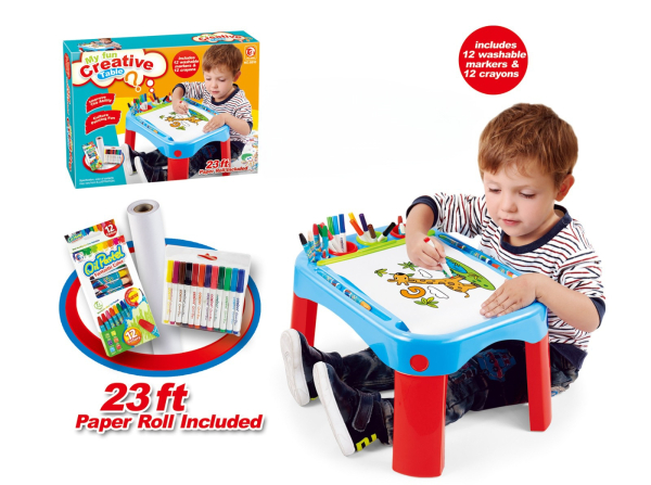Kids Creative Art Table Set, 12 Washable Markers, 12 Crayons, 23ft Paper Roll, Drawing Desk with Storage (Ref:6525858104501)