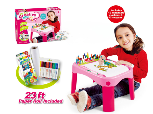 Kids Creative Art Table Set, Pink, 12 Washable Markers and Crayons, 23 ft Paper Roll, Drawing Activity Desk (Ref: 6525858104518)