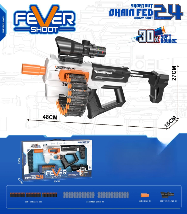 Fever Shoot Chain Fed Toy Gun,  with 30 Soft Bullets and Scope, Black and White (Ref: 6525858103993)