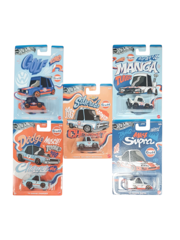 Hot Wheels Gulf Collection, Die-Cast Model Cars Set, Toyota Supra, Dodge Charger, Silverado, Manga Tuner (Ref: 9473526738)