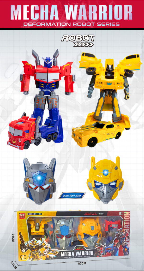 Mecha Warrior Deformation Robot Toy Set, 2 Transforming Robots with Light-up Masks, Vehicle to Robot Conversion (Ref: 6525858104297)