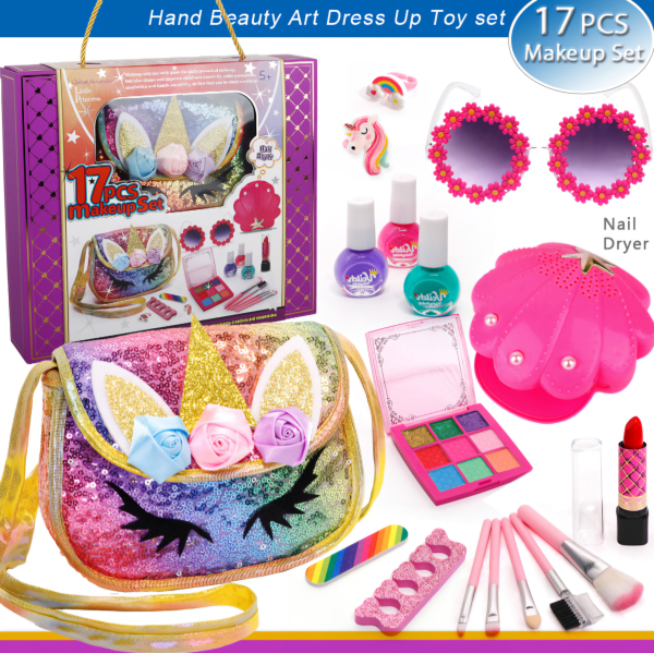 Kids Makeup Set with Unicorn Handbag, 17 Pieces Beauty Play Set, Nail Polish, Lipstick, Eyeshadow, Brushes and Nail Dryer, Age 5+ (Ref: 6525858104372)