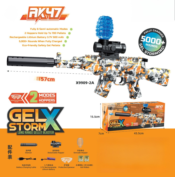 Gel Storm X AK47 Gel Ball Blaster, 2 Modes, 700 Pellet Capacity, Camouflage Pattern Orange ( Ref: 6525858104051)