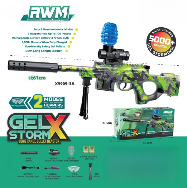 FWM Gel X Storm Blaster, 61cm Long Range Pellet Gun, 2 Hoppers with 700 Pellet Capacity, 3.7V Rechargeable Battery, Green Camo (Ref: 6525858104037)