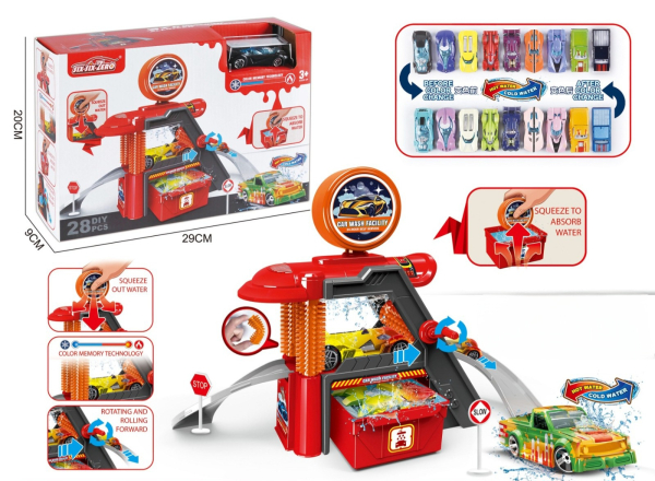 Car Wash Toy Set, Colour Changing Cars with Hot/Cold Water, 28 Pieces with Track and Accessories, Ages 3+ (Ref: 6525858103665)