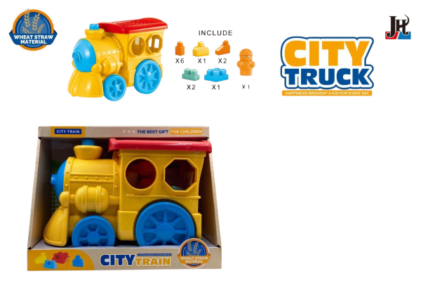 City Train Building Toy Set, Educational Wheat Straw Train with Accessories, Yellow and Blue (Ref: 7525666104495)