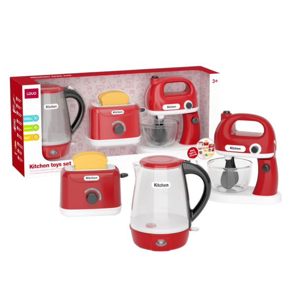 LDUO Kids Kitchen Toy Set with Kettle, Toaster and Mixer, Red, with Lights and Sounds, Ages 3+ (Ref: 7525666104877)