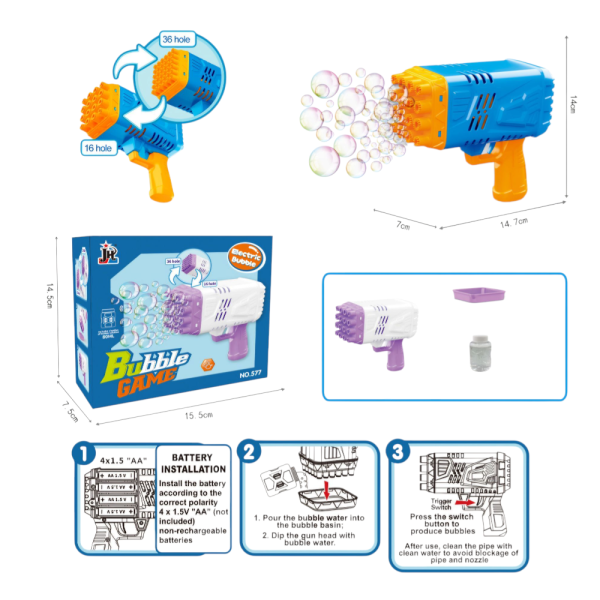 Electric Bubble Gun with 36-Hole Nozzle, Battery-Operated, 14.7 cm x 7 cm, Blue and Orange (Ref: 7525666104457)