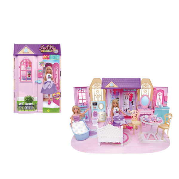 Anlily Collection Doll House Playset with 60+ Accessories, Pink and Purple, Bedroom and Bathroom (Ref: 7525666105072)