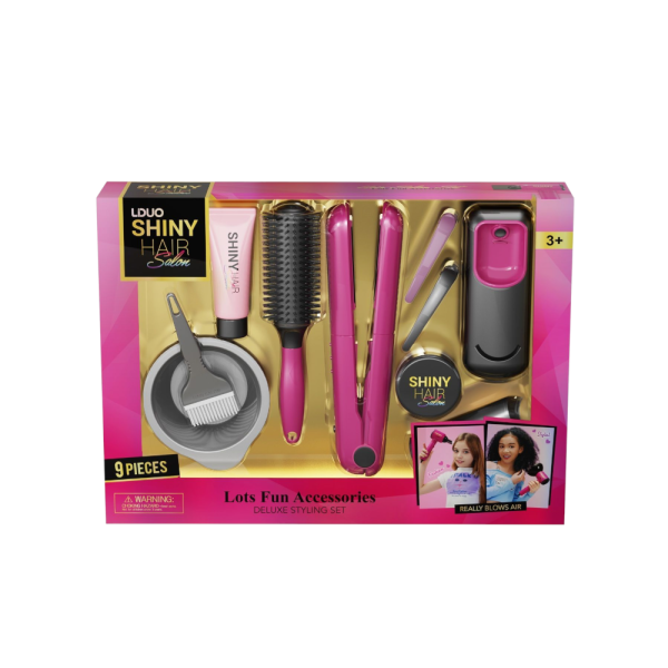 LDUO Shiny Hair Salon Deluxe Styling Set, 9 Pieces, Pink and Gold, Ages 3+ (Ref: 7525666104839)