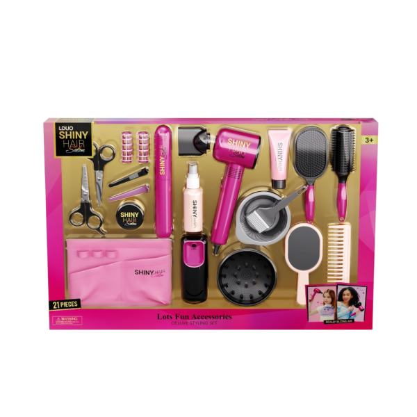 Shiny Hair Deluxe Styling Set, 21 Pieces, Pink Hair Dryer and Accessories Kit with Storage Bag (Ref: 7525666104846)