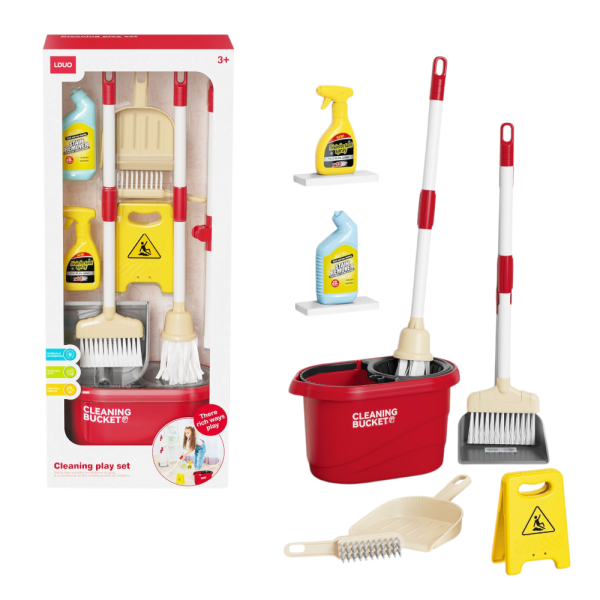 Kids Cleaning Play Set with Mop, Bucket, Broom, Dustpan and Cleaning Bottles, Age 3+, Red (Ref: 7525666105102)