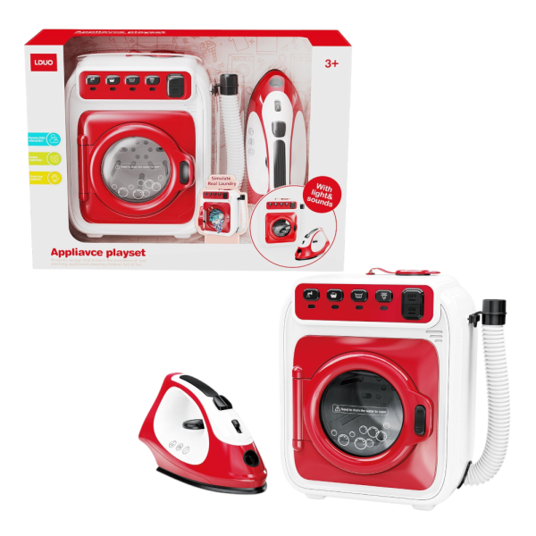 Kids Toy Washing Machine Playset with Lights and Sounds, Red and White, Ages 3+ (Ref:  7525666104860)