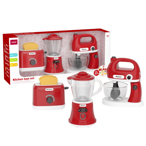 LDUO Kids Kitchen Appliance Toy Set, Red, 3-Piece Set with Toaster, Blender and Stand Mixer, Ages 3+ (Ref: 7525666104853)