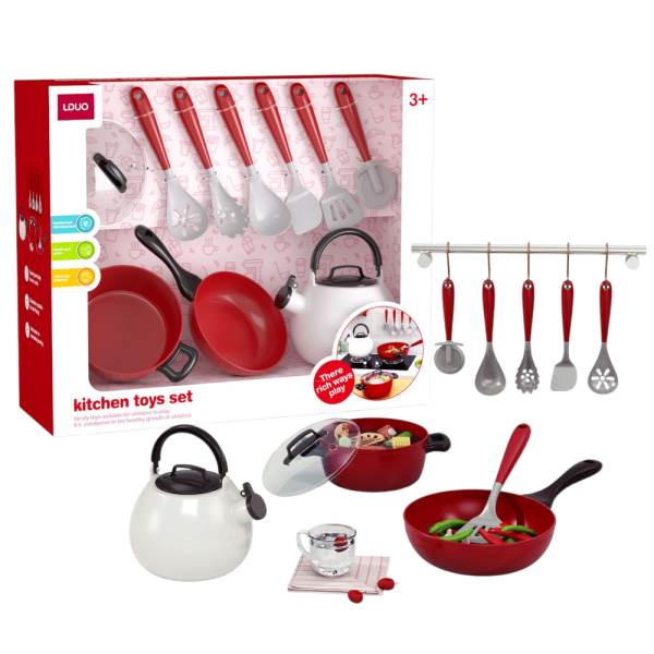 LDUO Kids Kitchen Toys Set, 11-Piece Cooking Playset with Pots and Utensils, Red and White, Ages 3+ (Ref: 7525666104907)