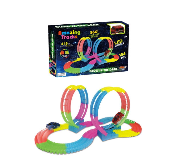 Amazing Tracks Glow in the Dark Race Track Set, 445cm, 360° Stunt Loops, 134 Pieces, LED Lights (Ref: 7525666104655)