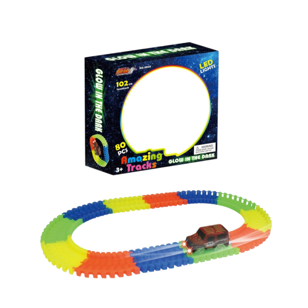 Amazing Tracks Glow in the Dark Race Track Set, 80 Pieces, 102 cm, LED Light-Up Car, Ages 3+ (Ref: 7525666104679)
