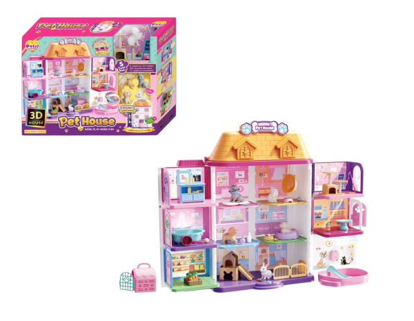 3D Pet House Dollhouse Playset with 5 Pets, 50+ Decorative Props, Multiple Themed Rooms (Ref: 7525666104822)