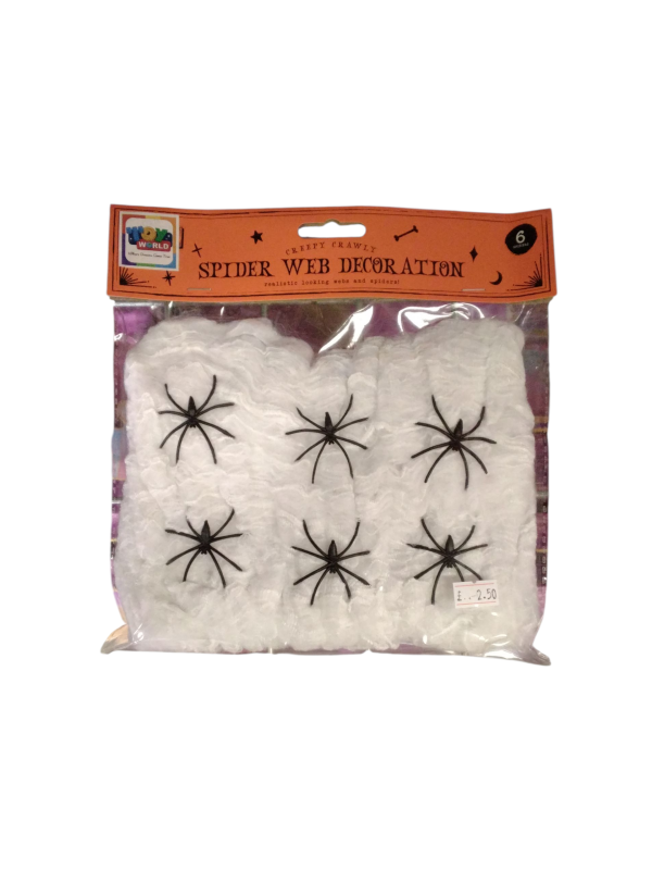 Creepy Crawly Spider Web Decoration Set with 6 Black Spiders, Halloween Party Props (Ref: 056170308786)