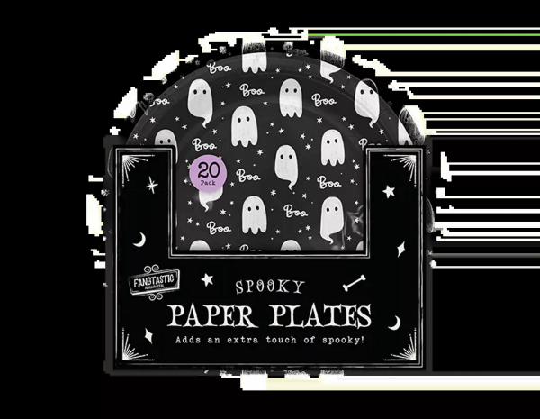 Fangtastic Halloween Ghost Paper Plates, 20 Pack, Black and White Spooky Design