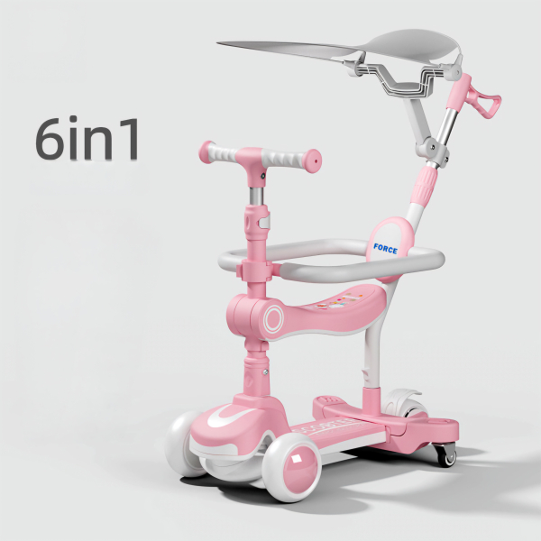 6-in-1 Kids Scooter with LED Lights, 360° Wheels, Adjustable Height and Handlebars, Four sided Guardrails (Ref: 5196)