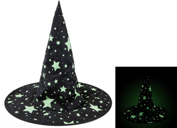 Glow in the Dark Witch Hat, Black with Stars Pattern, Halloween Costume Accessory (Ref: 050565770844)
