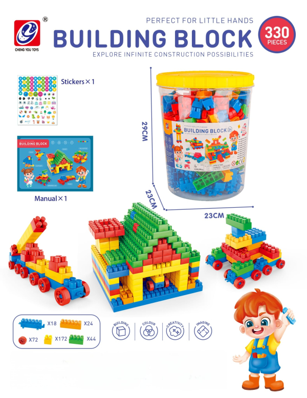 Building Blocks Set, 330 Pieces, Educational Construction Toys with Storage Container, Manual and Stickers (Ref: 8526635106228)